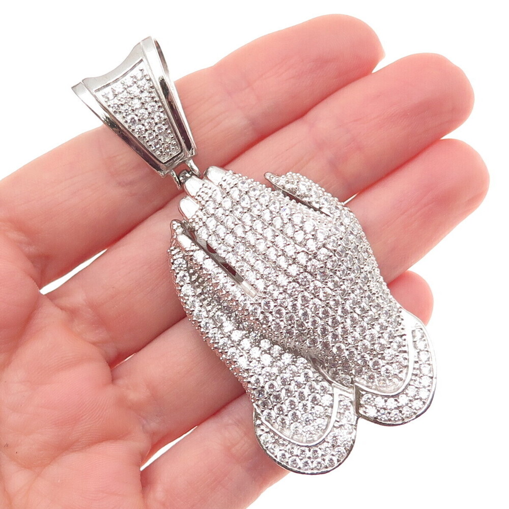 925 Sterling Silver Round-Cut C Z Prayer Hands Pendant